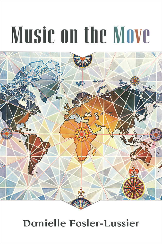 Book cover for 'Music on the Move' featuring a colorful, mosaic-like map of the world