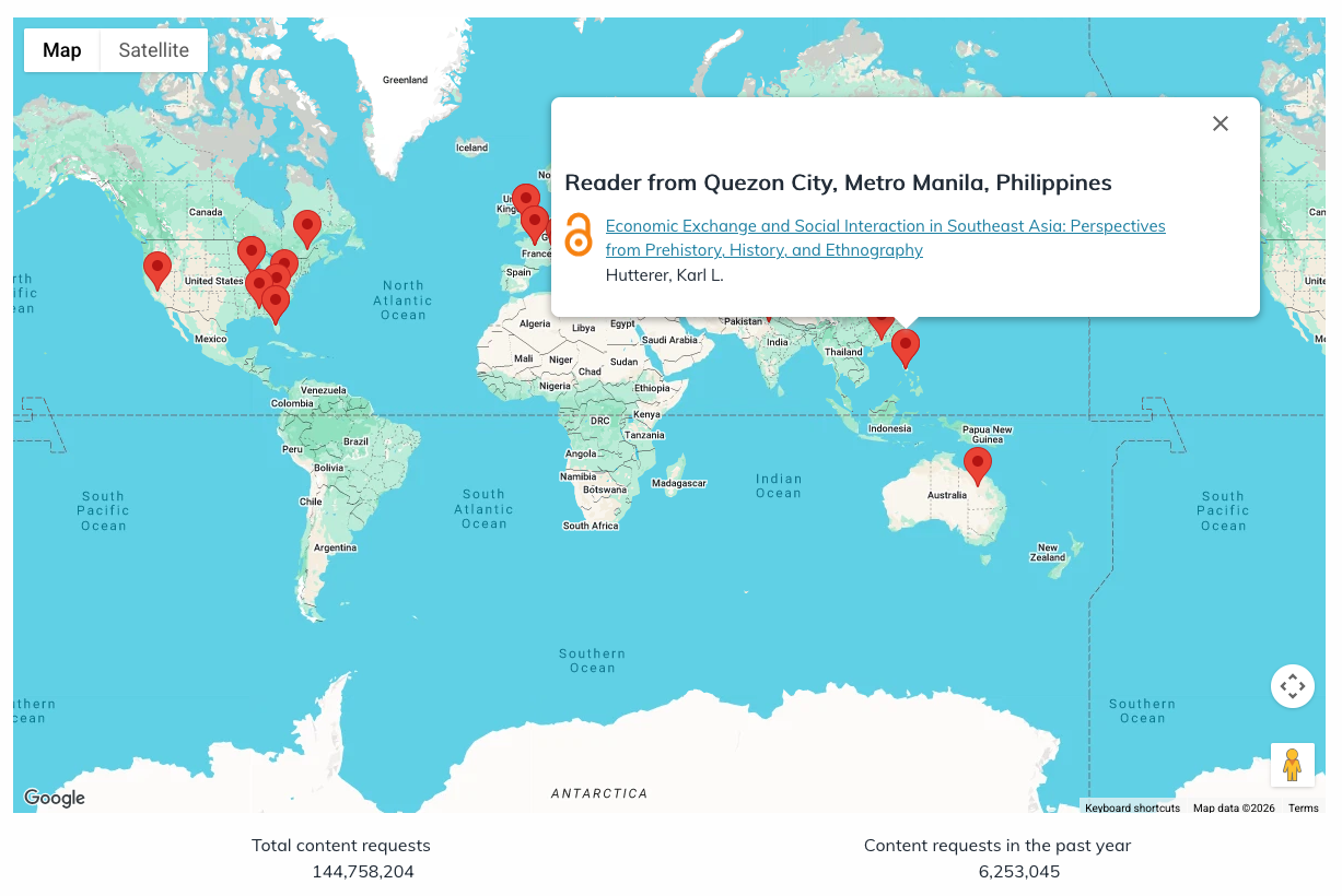 Map showing usage of Michigan Publishing projects around the world